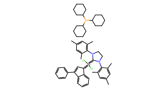 [1,3‐ビス(2,4,6‐トリメチルフェニル)‐2‐イミダゾリジニリデン]ジクロロ(3‐フェニル‐1H‐インデン‐1‐イリデン)(トリシクロヘキシルホスフィン)ルテニウム(II) の化学構造
